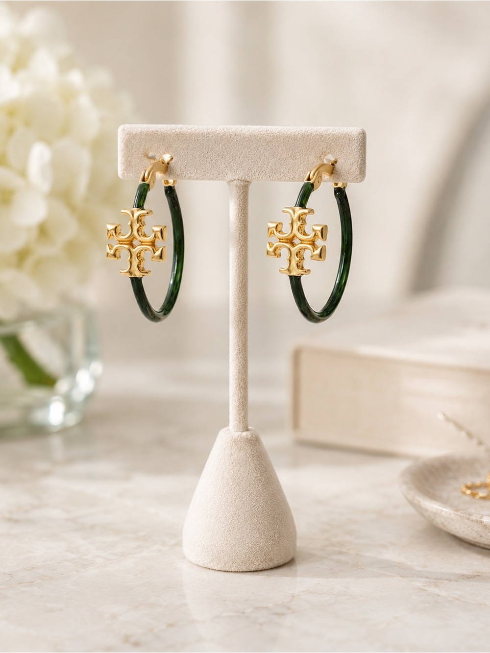 Tory Burch Eleanor Double T Medium Hoop Earrings in Green - Picture 2 of 5